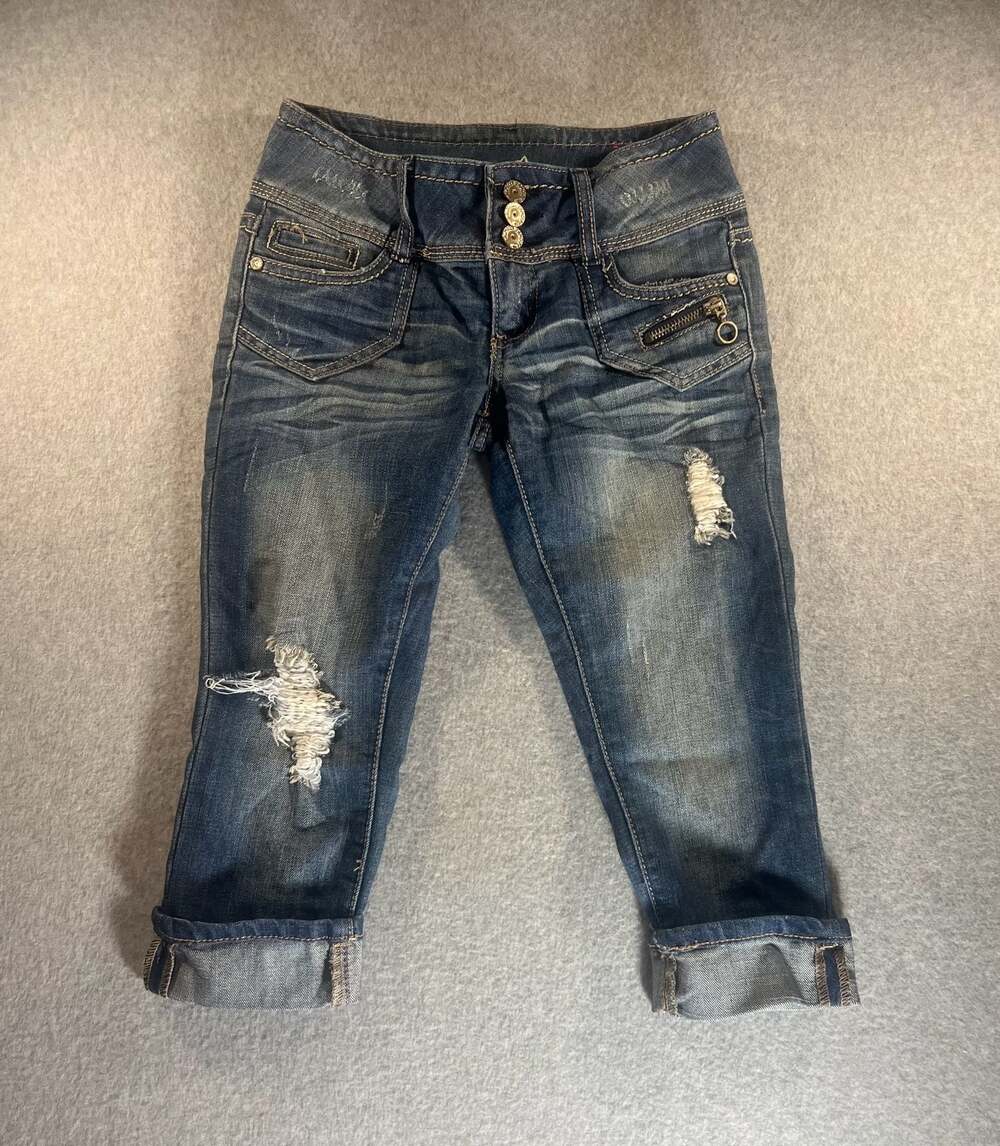 Almost Famous y2k‎ Super Low Rise Crop Jean Capri Size 1 Thick Stitch Cuffed